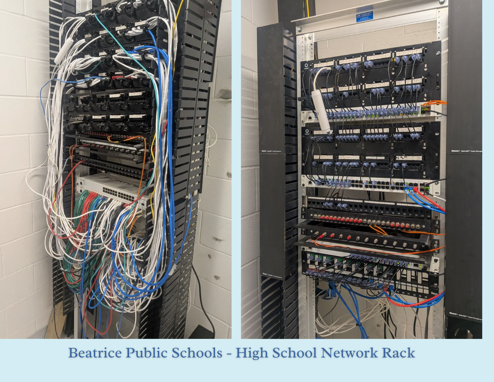 Before and After picture of a network rack